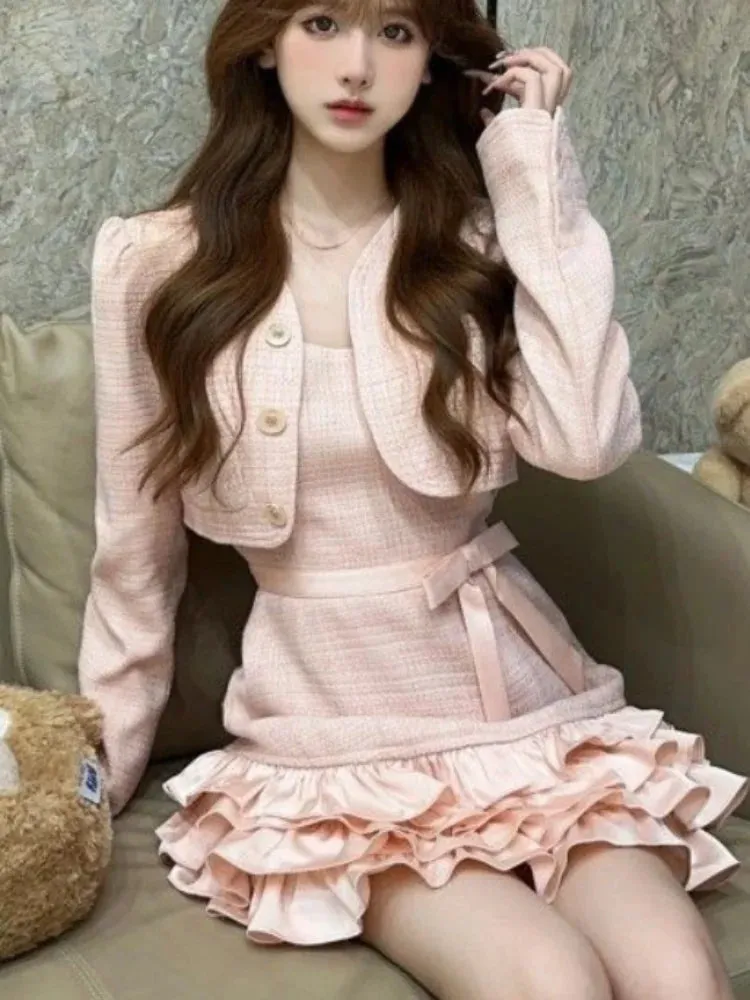 Girlary Sweet 2 Piece Dress Set Woman Pink Long Sleeve Coat   Bow Kawaii Mini Dress Female Korean Fashion Evening Party Suit 2024