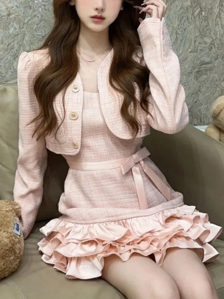 Girlary Sweet 2 Piece Dress Set Woman Pink Long Sleeve Coat   Bow Kawaii Mini Dress Female Korean Fashion Evening Party Suit 2024