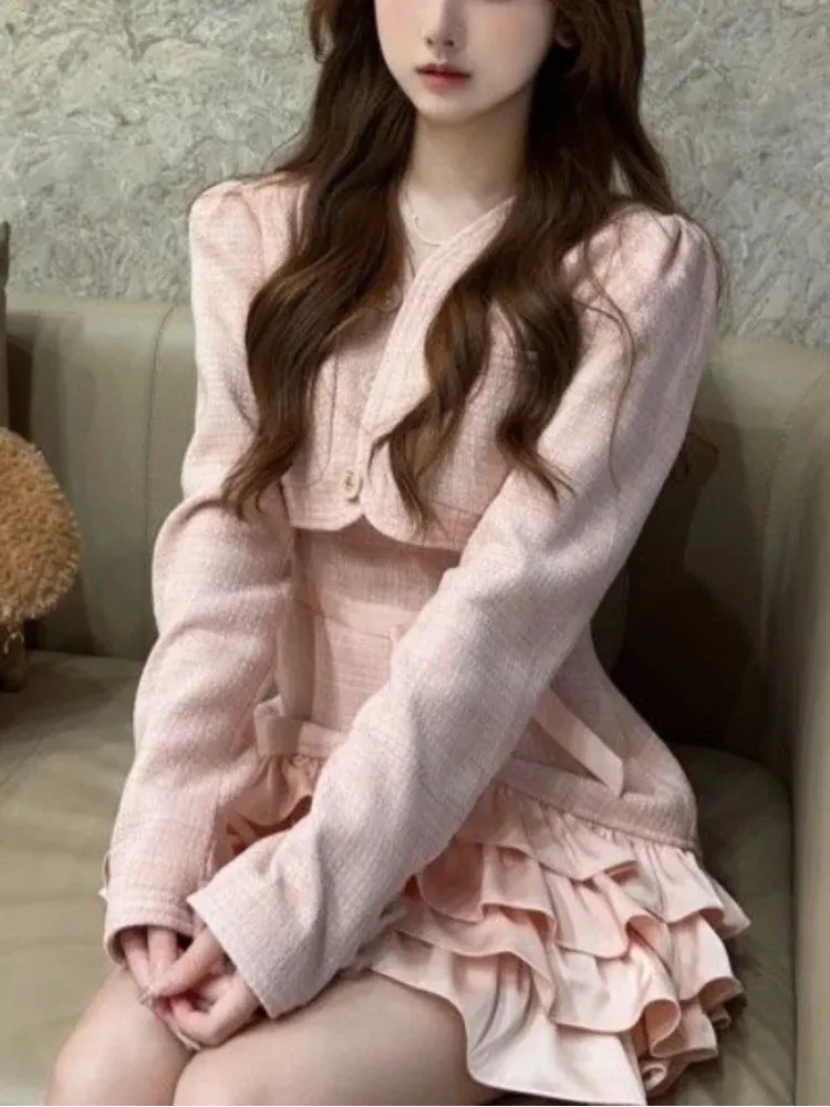 Girlary Sweet 2 Piece Dress Set Woman Pink Long Sleeve Coat   Bow Kawaii Mini Dress Female Korean Fashion Evening Party Suit 2024