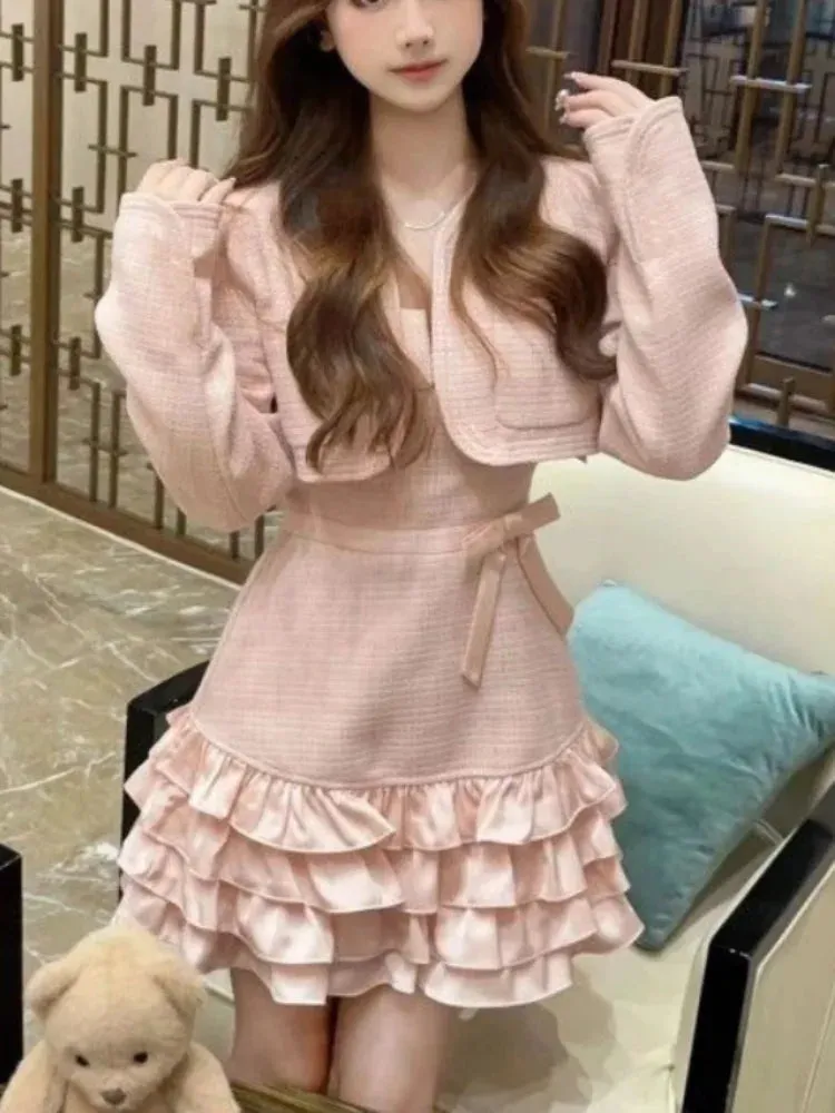 Girlary Sweet 2 Piece Dress Set Woman Pink Long Sleeve Coat   Bow Kawaii Mini Dress Female Korean Fashion Evening Party Suit 2024