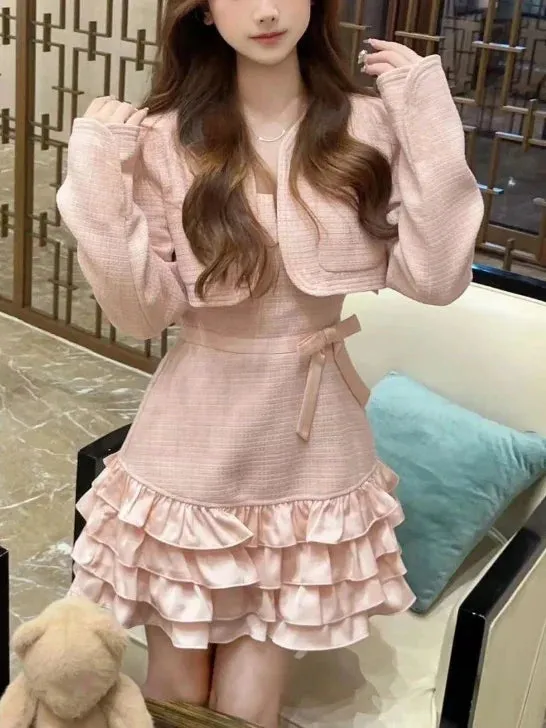 Girlary Sweet 2 Piece Dress Set Woman Pink Long Sleeve Coat   Bow Kawaii Mini Dress Female Korean Fashion Evening Party Suit 2024