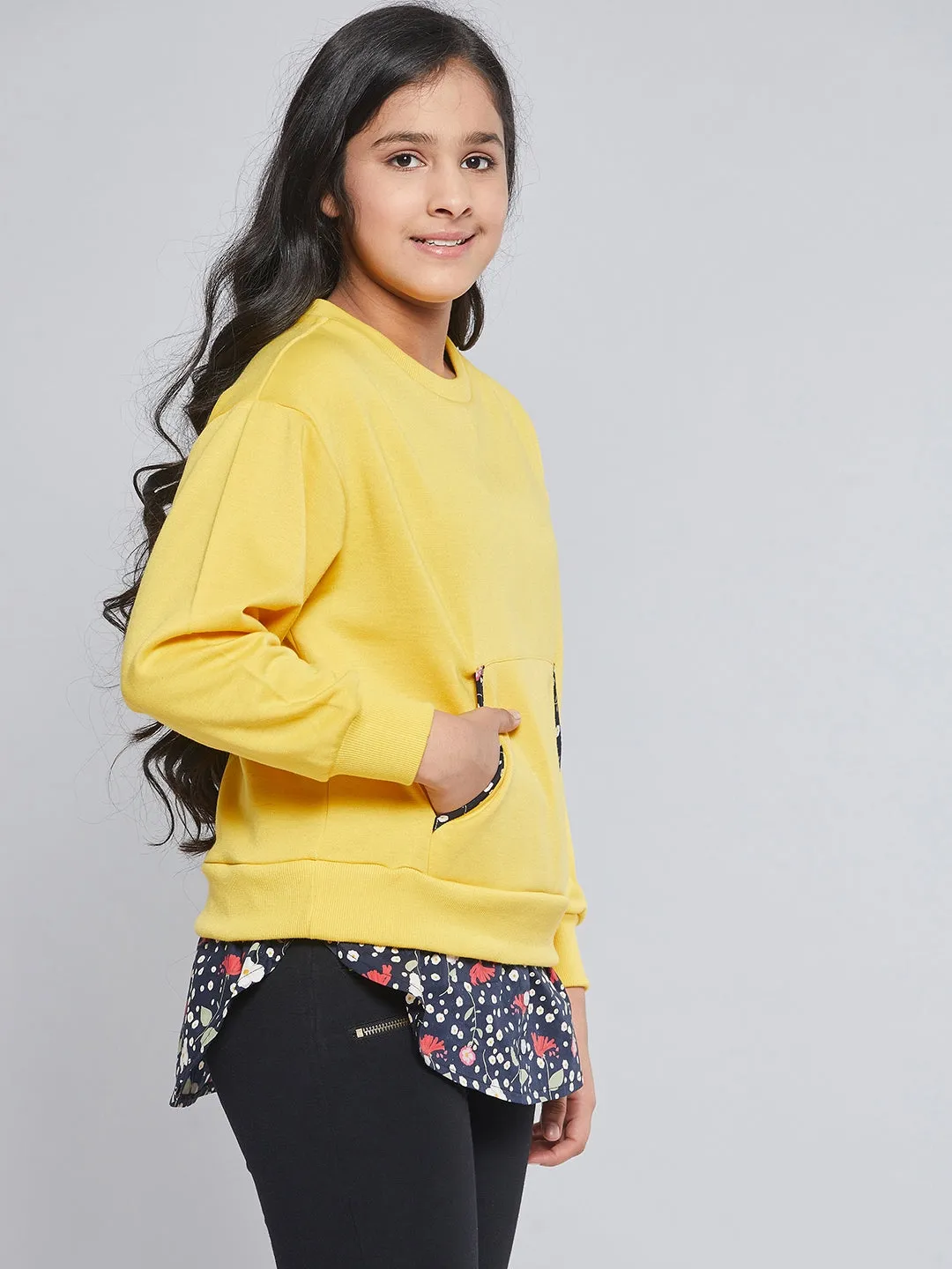 Girls Yellow Fleece Half Shirt Sweatshirt