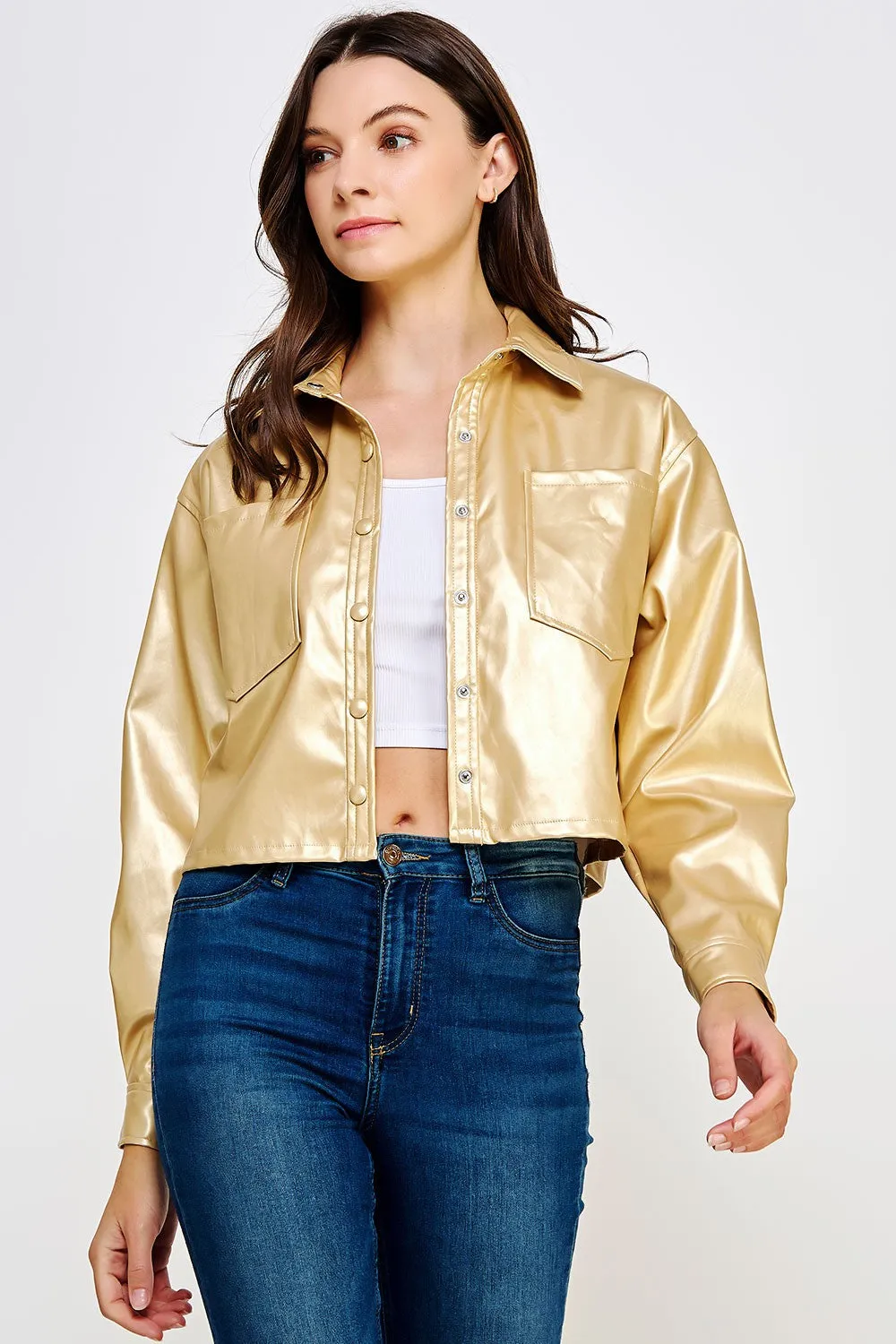 Gold Cropped Faux Leather Shacket