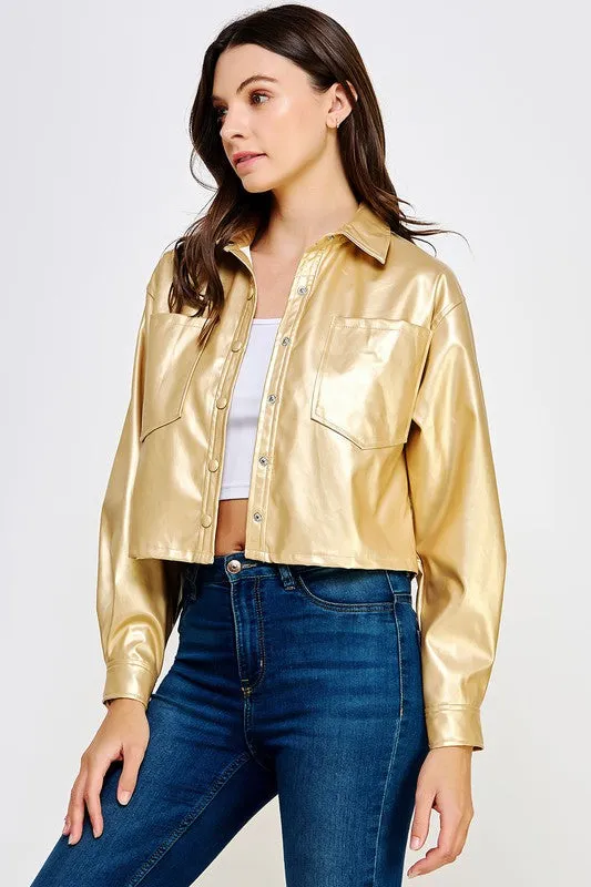 Gold Cropped Faux Leather Shacket