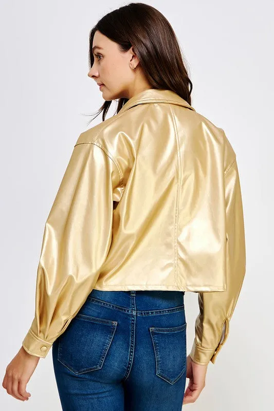 Gold Cropped Faux Leather Shacket