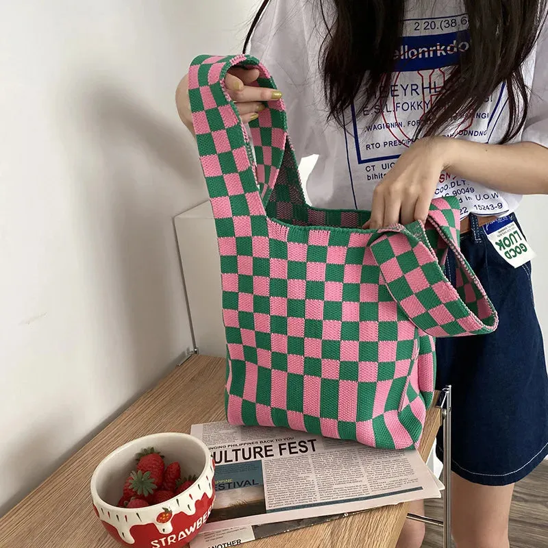 High Capacity Knitted Plaid Bag All-match Minimalist Vest Bag Reusable Groceries Eco Storage Bag Woman Korean Shoulder Handbags