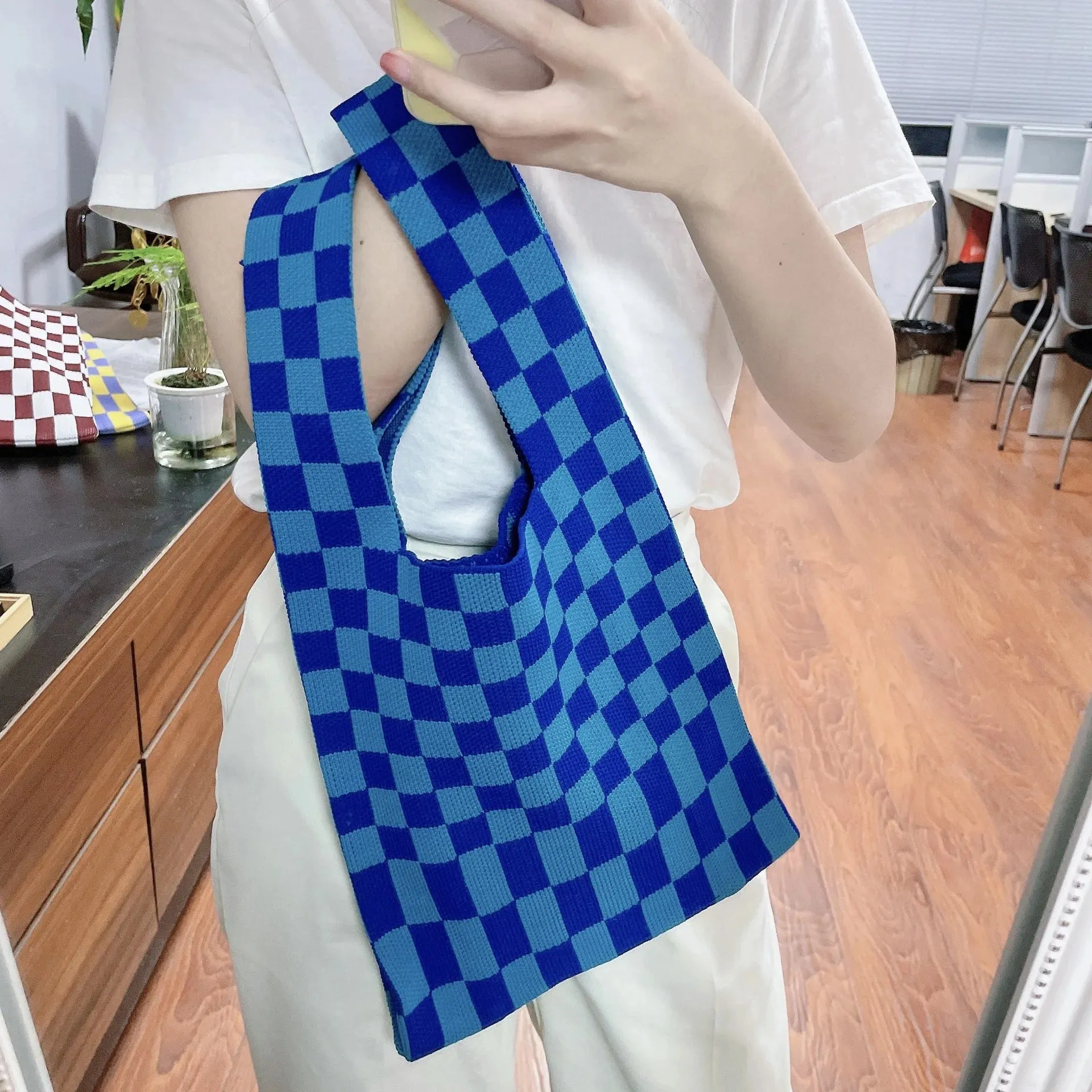 High Capacity Knitted Plaid Bag All-match Minimalist Vest Bag Reusable Groceries Eco Storage Bag Woman Korean Shoulder Handbags