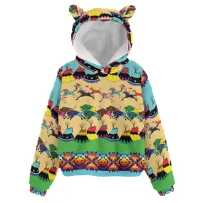 Horses and Buffalo Ledger Torquoise Kid’s Borg Fleece Hoodie With Ear