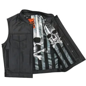 Hot Leathers VSM1054 Men’s Black 'Skull Flag' Conceal and Carry Leather Vest