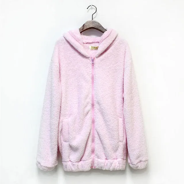 Hot Sale Women Hoodies Zipper Girl  Winter Loose Fluffy Bear Ear Hoodie Hooded Jacket Warm Outerwear Coat Cute Sweatshirt Hoody