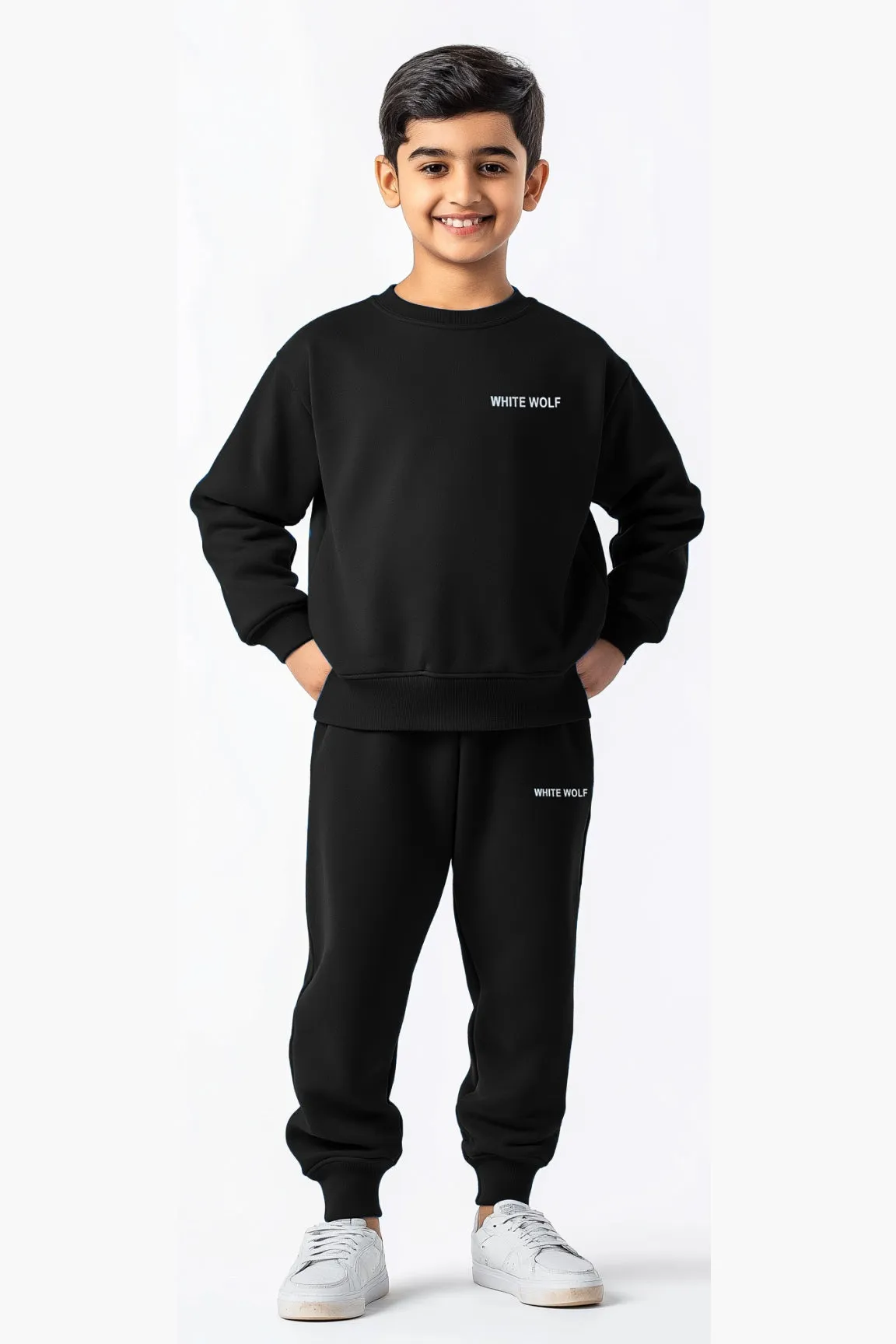 Kids Solid Unisex track suit (Fleece) Black