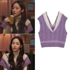 Kpop star purple knitted V-neck vest drop shoulder stripes new loose casual sleeveless sweater