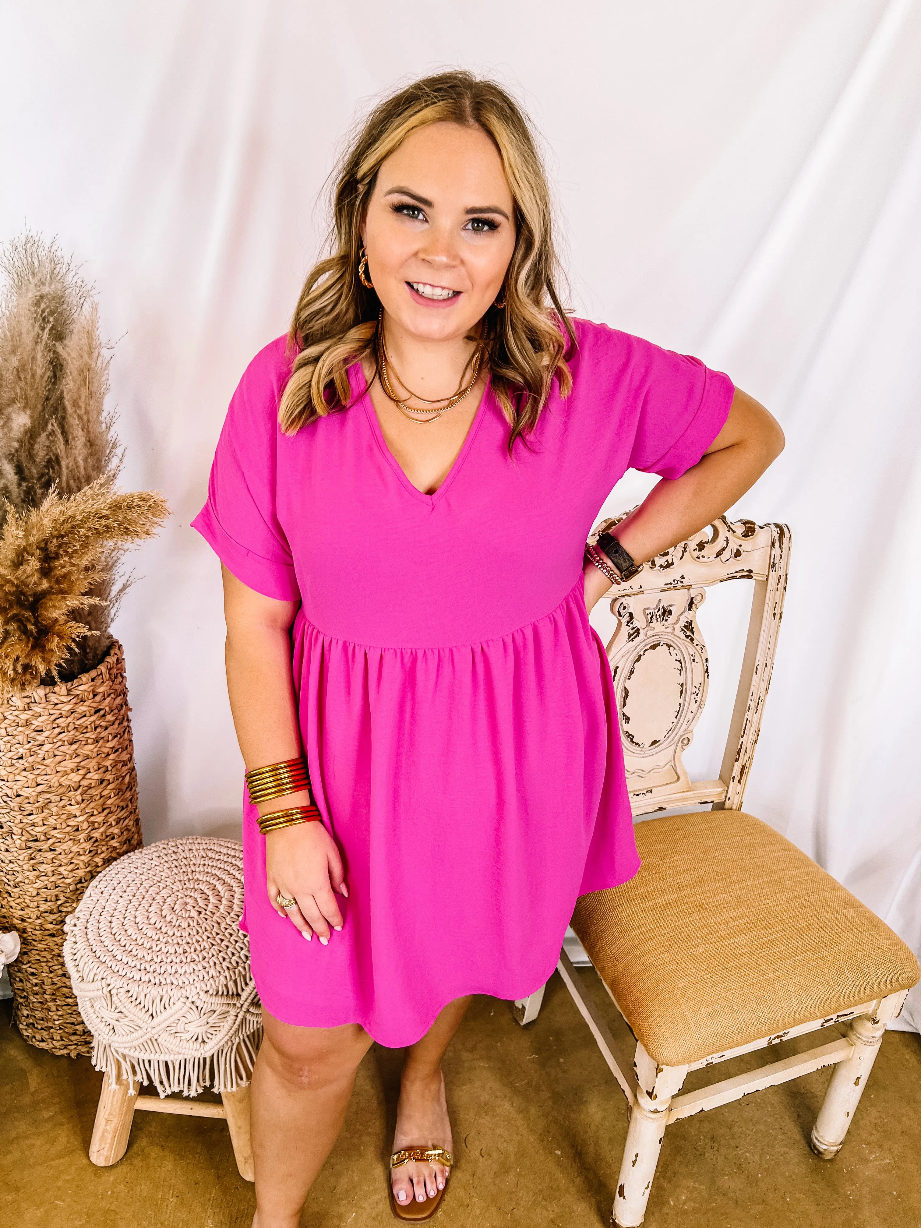 Last Chance Size XL | Touring the City V Neck Babydoll Dress in Fuchsia Pink