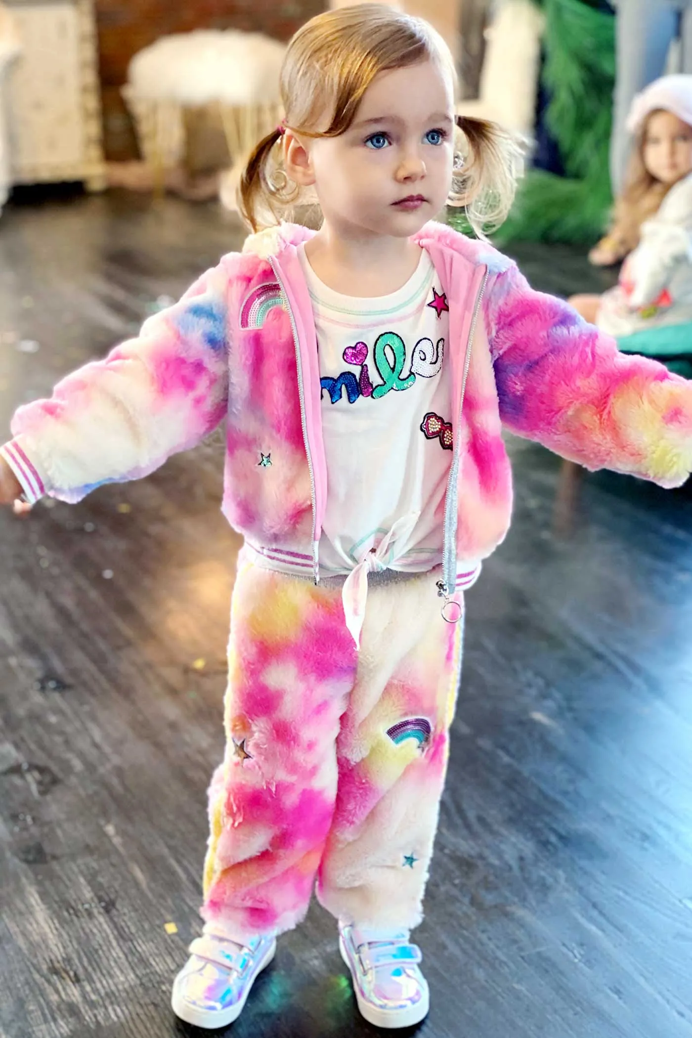 Little Girls Colorful Tie Die Faux Fur Hoodie Jacket