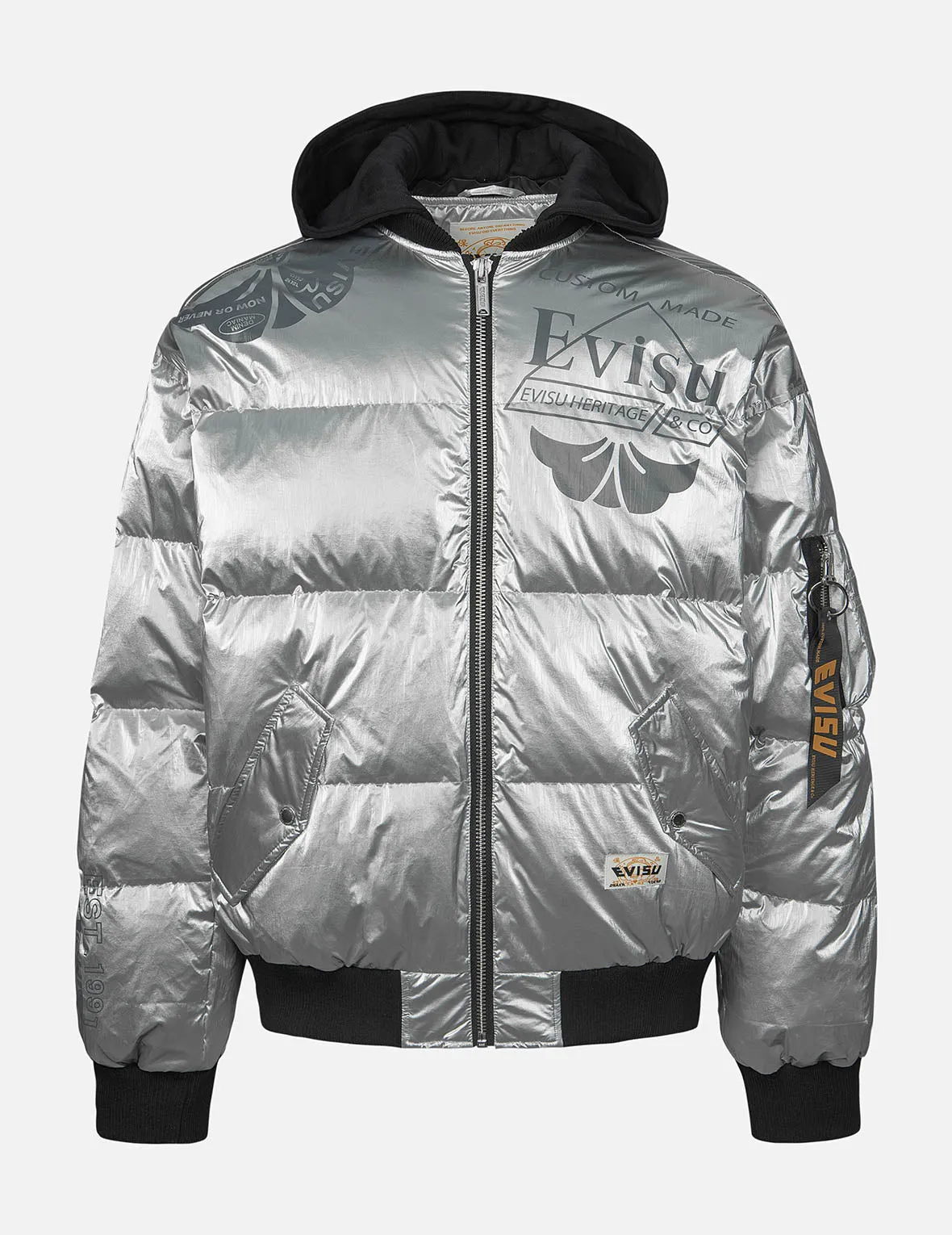 Logo and Kamon Print Bomber Down Jacket