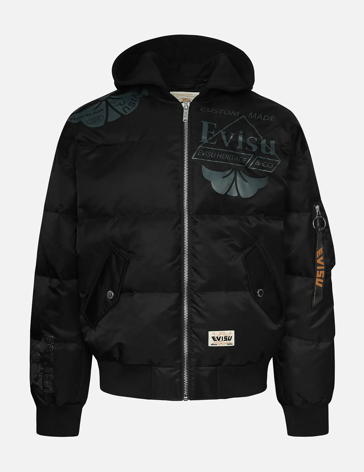 Logo and Kamon Print Loose Fit Bomber Down Jacket