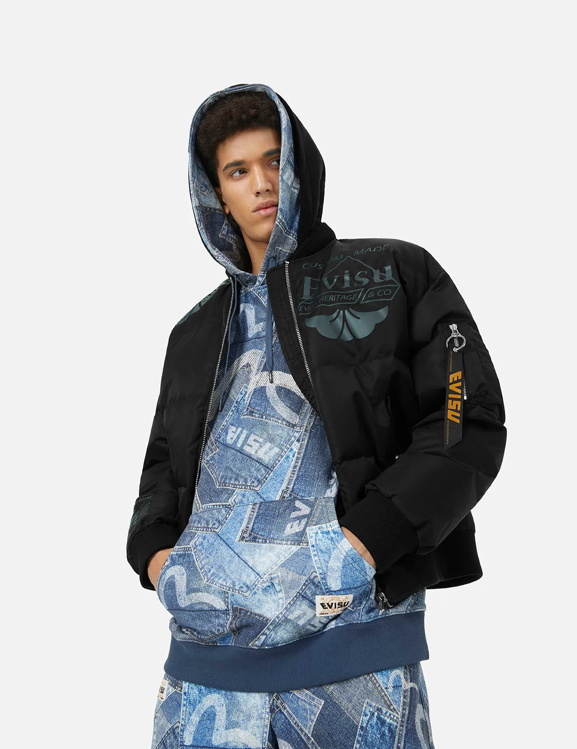 Logo and Kamon Print Loose Fit Bomber Down Jacket