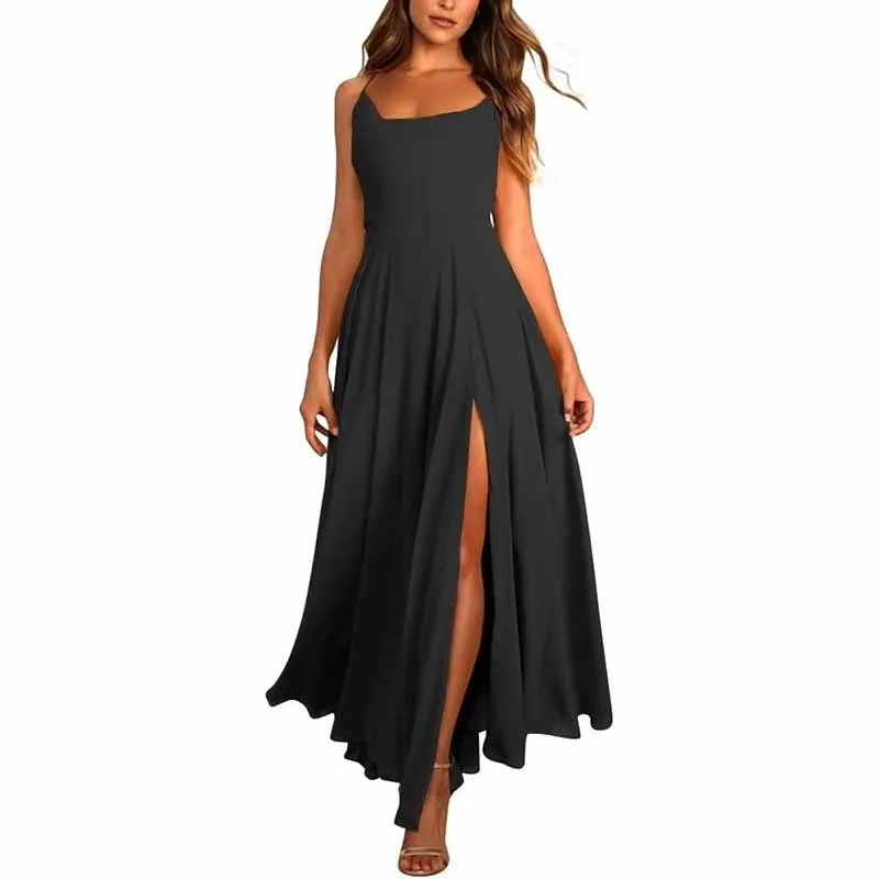 Long Chiffon Bridesmaid Dresses For Wedding A Line Cowl Neck High Slit Formal Dress with Pocket