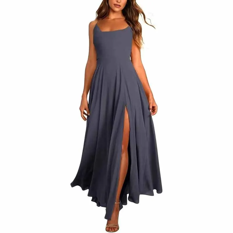 Long Chiffon Bridesmaid Dresses For Wedding A Line Cowl Neck High Slit Formal Dress with Pocket