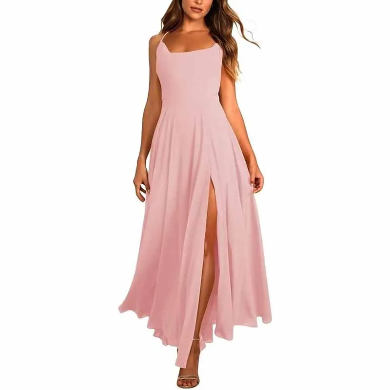 Long Chiffon Bridesmaid Dresses For Wedding A Line Cowl Neck High Slit Formal Dress with Pocket