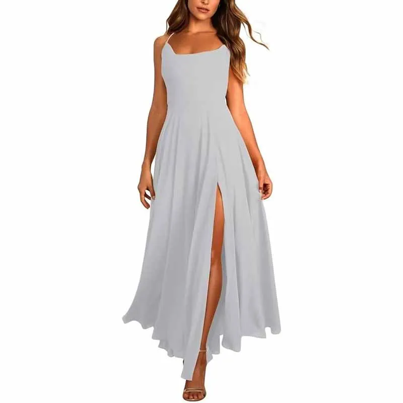 Long Chiffon Bridesmaid Dresses For Wedding A Line Cowl Neck High Slit Formal Dress with Pocket