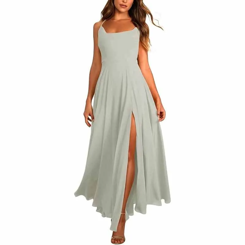 Long Chiffon Bridesmaid Dresses For Wedding A Line Cowl Neck High Slit Formal Dress with Pocket