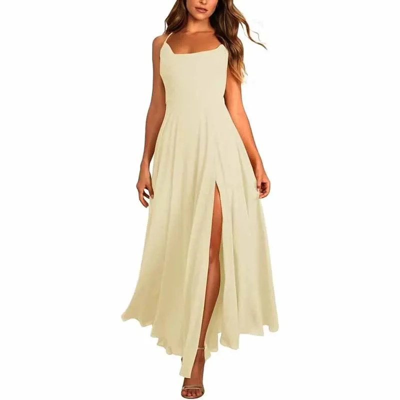 Long Chiffon Bridesmaid Dresses For Wedding A Line Cowl Neck High Slit Formal Dress with Pocket