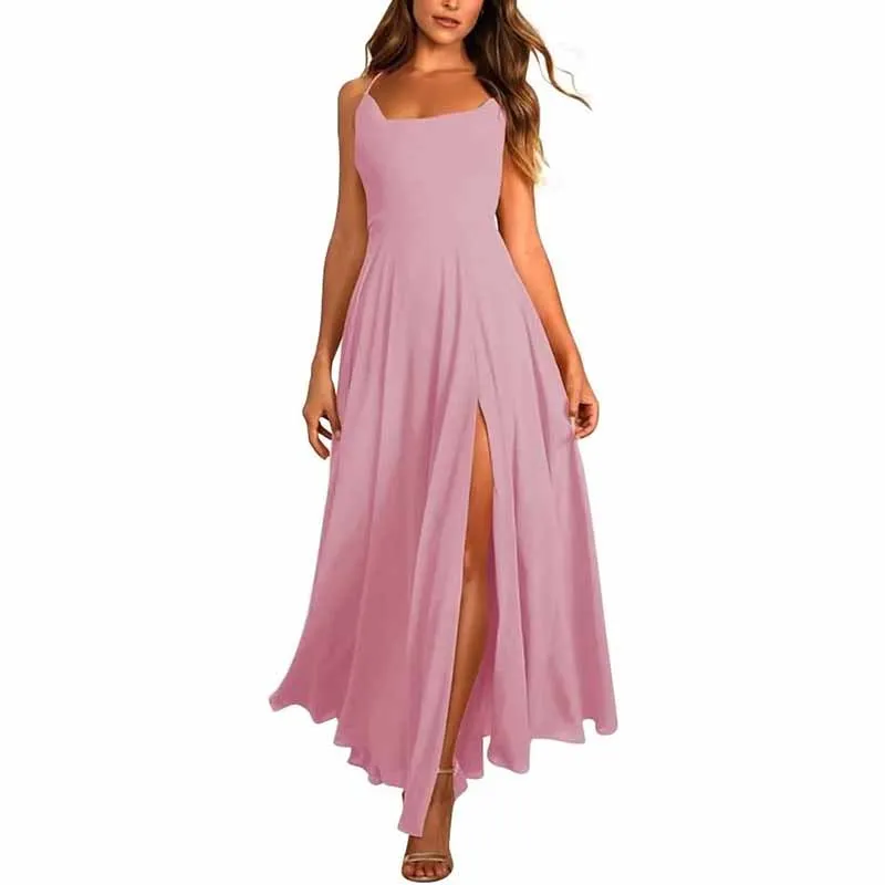 Long Chiffon Bridesmaid Dresses For Wedding A Line Cowl Neck High Slit Formal Dress with Pocket