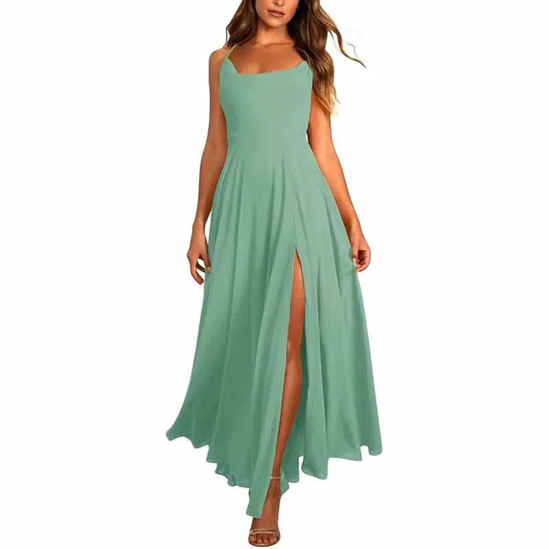 Long Chiffon Bridesmaid Dresses For Wedding A Line Cowl Neck High Slit Formal Dress with Pocket