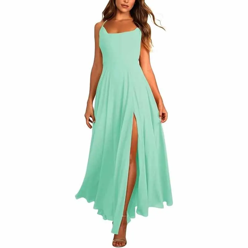 Long Chiffon Bridesmaid Dresses For Wedding A Line Cowl Neck High Slit Formal Dress with Pocket