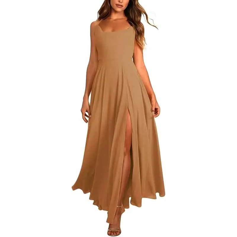 Long Chiffon Bridesmaid Dresses For Wedding A Line Cowl Neck High Slit Formal Dress with Pocket