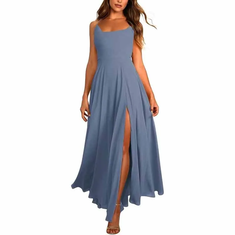 Long Chiffon Bridesmaid Dresses For Wedding A Line Cowl Neck High Slit Formal Dress with Pocket