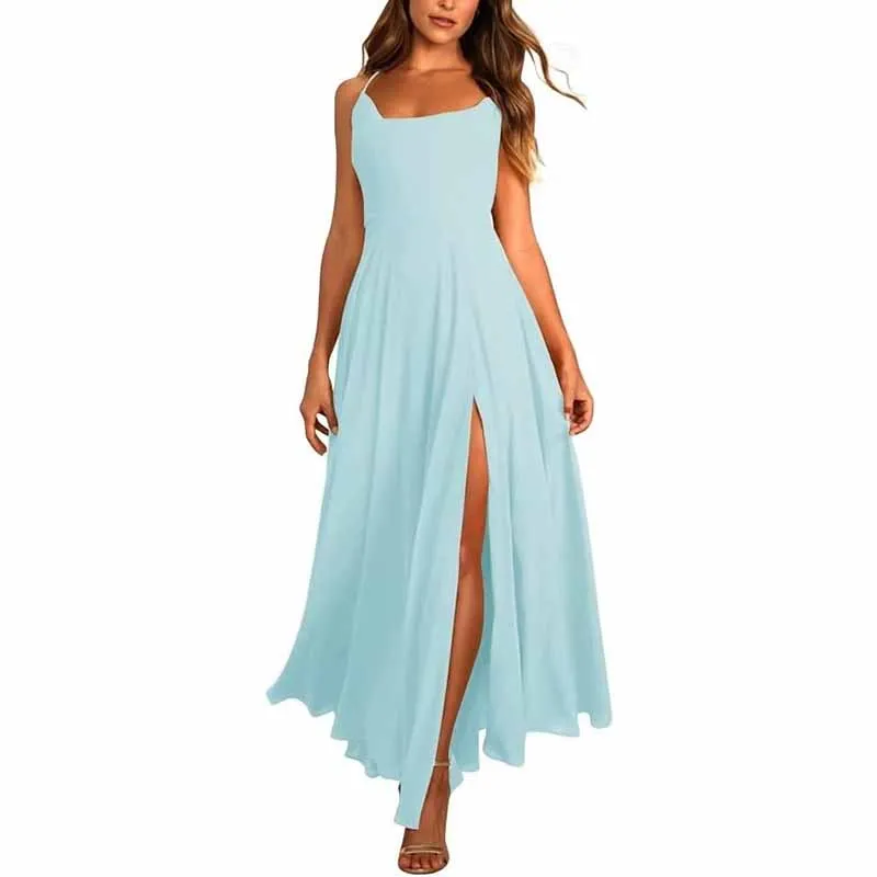 Long Chiffon Bridesmaid Dresses For Wedding A Line Cowl Neck High Slit Formal Dress with Pocket