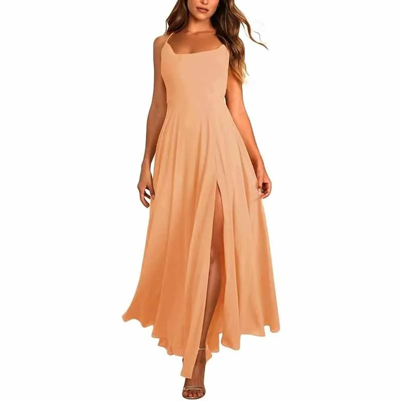 Long Chiffon Bridesmaid Dresses For Wedding A Line Cowl Neck High Slit Formal Dress with Pocket