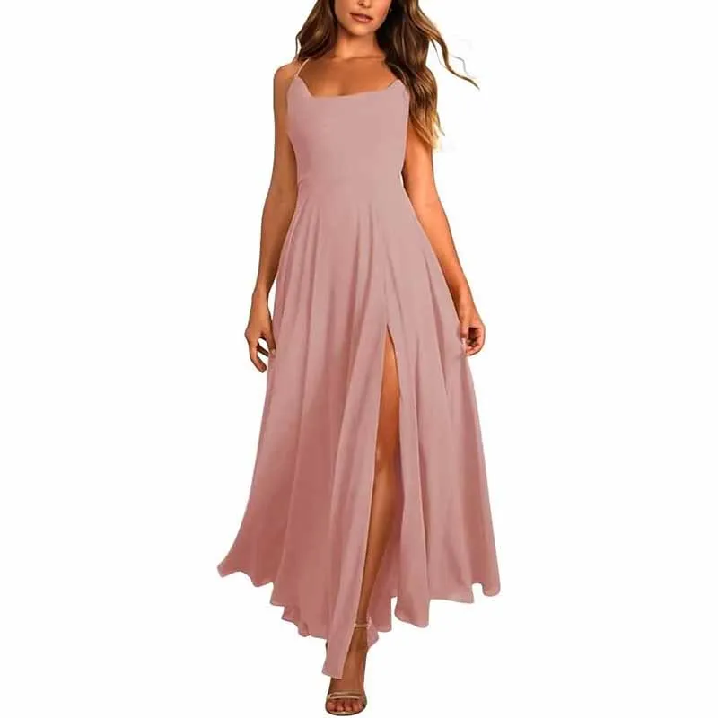 Long Chiffon Bridesmaid Dresses For Wedding A Line Cowl Neck High Slit Formal Dress with Pocket