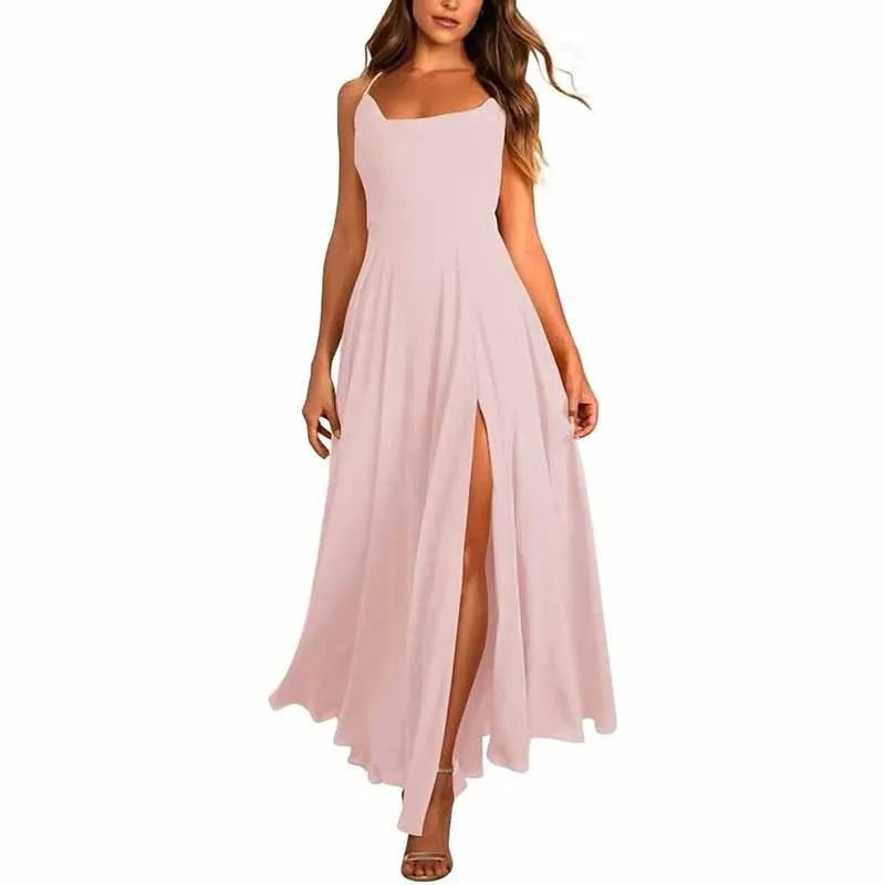 Long Chiffon Bridesmaid Dresses For Wedding A Line Cowl Neck High Slit Formal Dress with Pocket