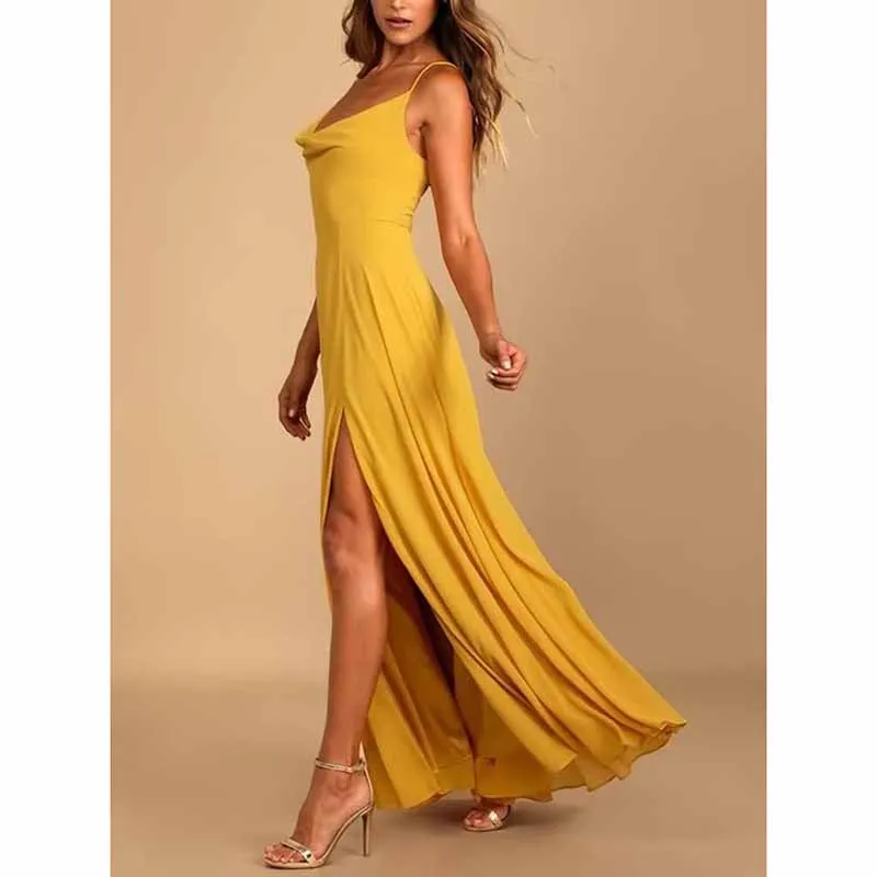 Long Chiffon Bridesmaid Dresses For Wedding A Line Cowl Neck High Slit Formal Dress with Pocket