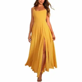 Long Chiffon Bridesmaid Dresses For Wedding A Line Cowl Neck High Slit Formal Dress with Pocket