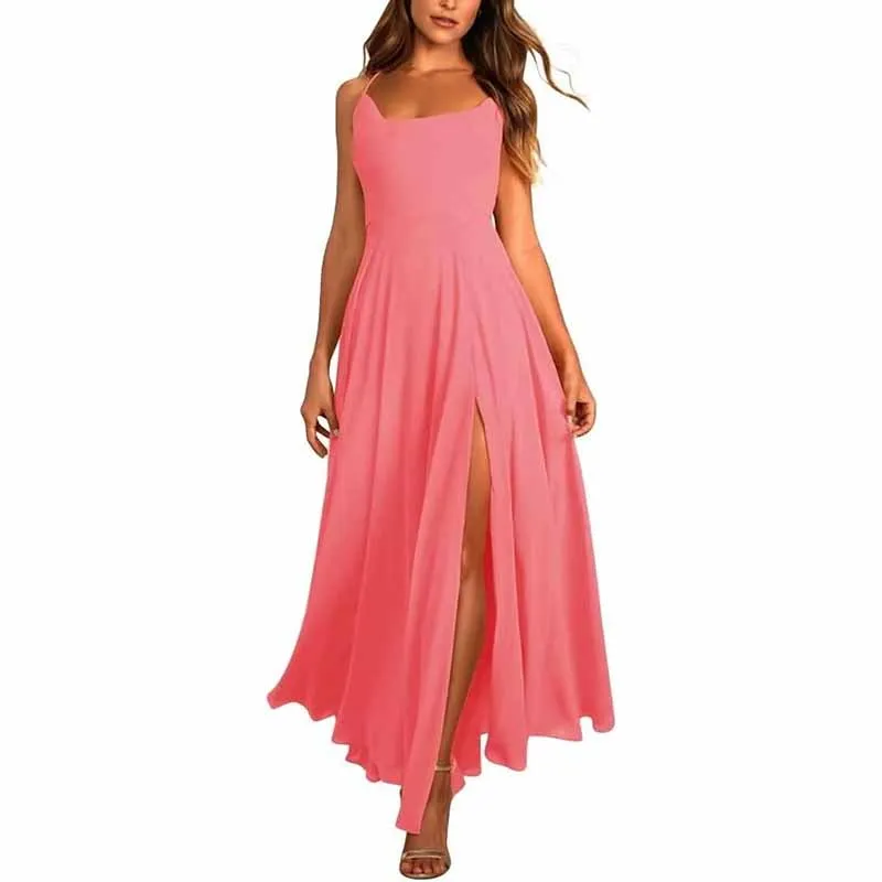 Long Chiffon Bridesmaid Dresses For Wedding A Line Cowl Neck High Slit Formal Dress with Pocket