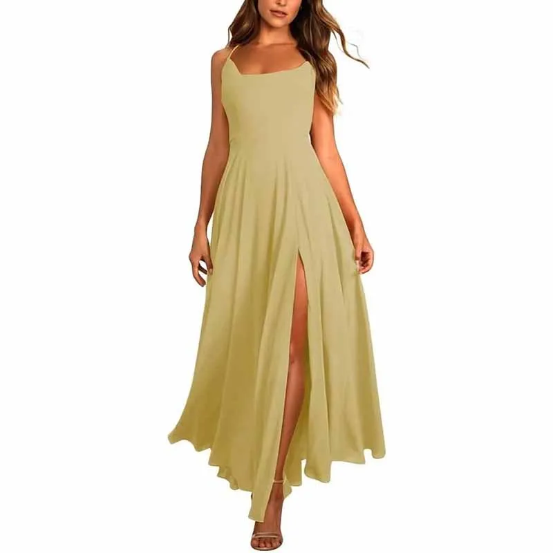 Long Chiffon Bridesmaid Dresses For Wedding A Line Cowl Neck High Slit Formal Dress with Pocket