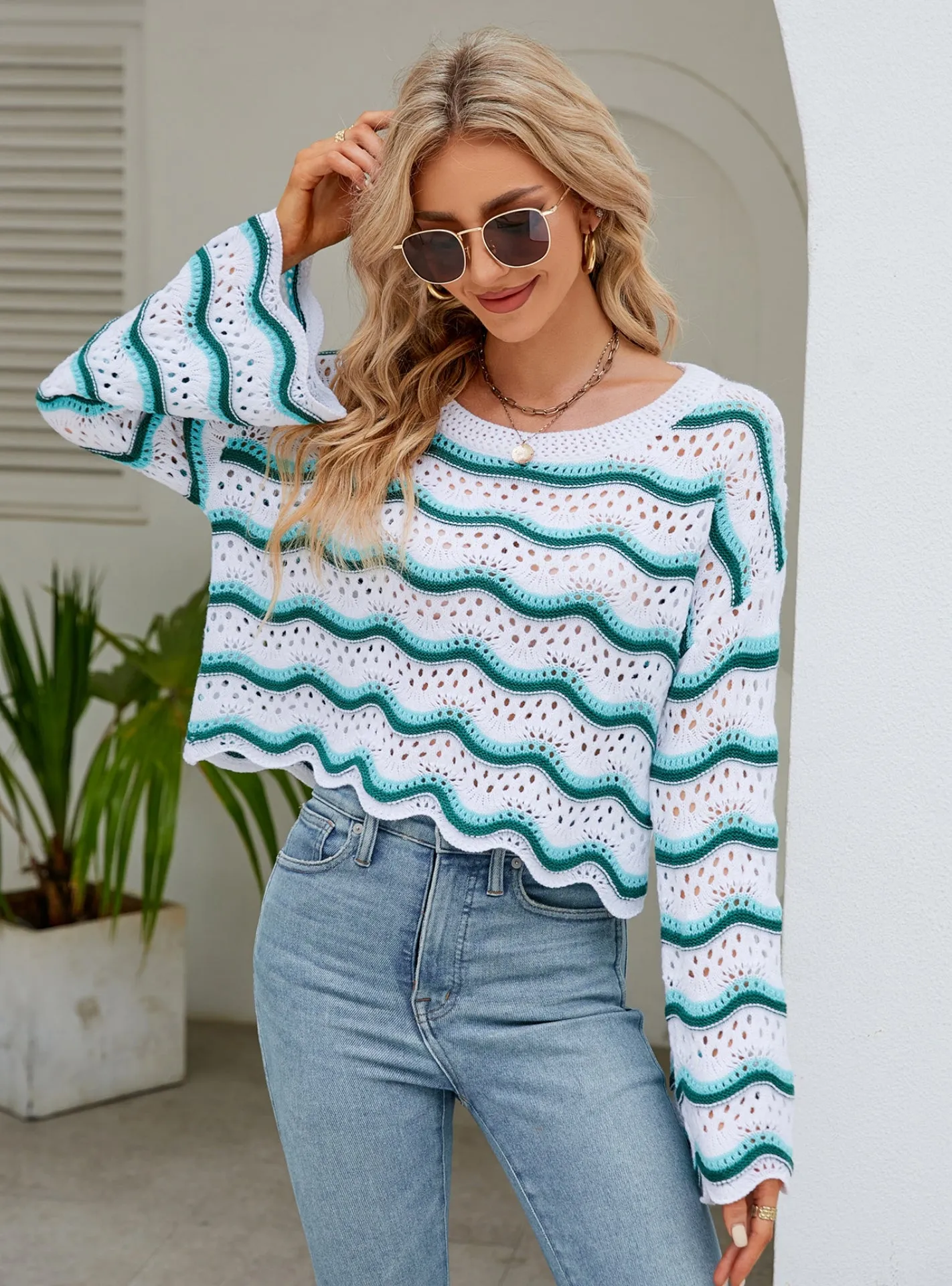 Long Sleeve Round Neck Knitted Striped Sweater