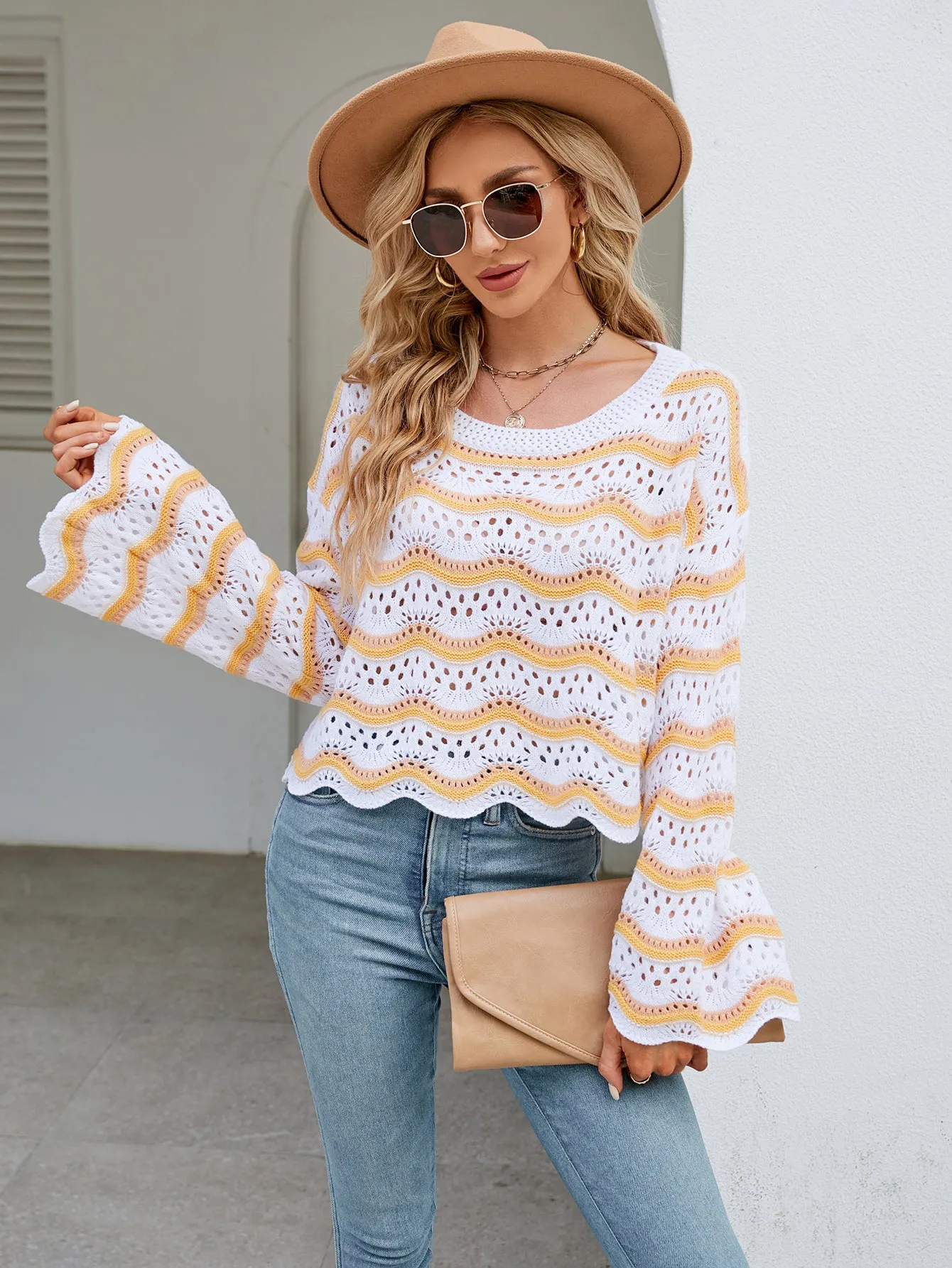 Long Sleeve Round Neck Knitted Striped Sweater