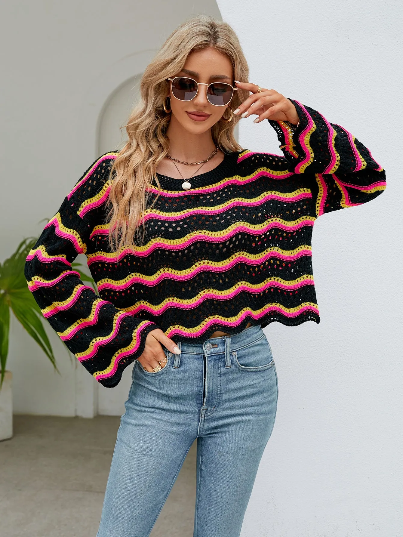 Long Sleeve Round Neck Knitted Striped Sweater