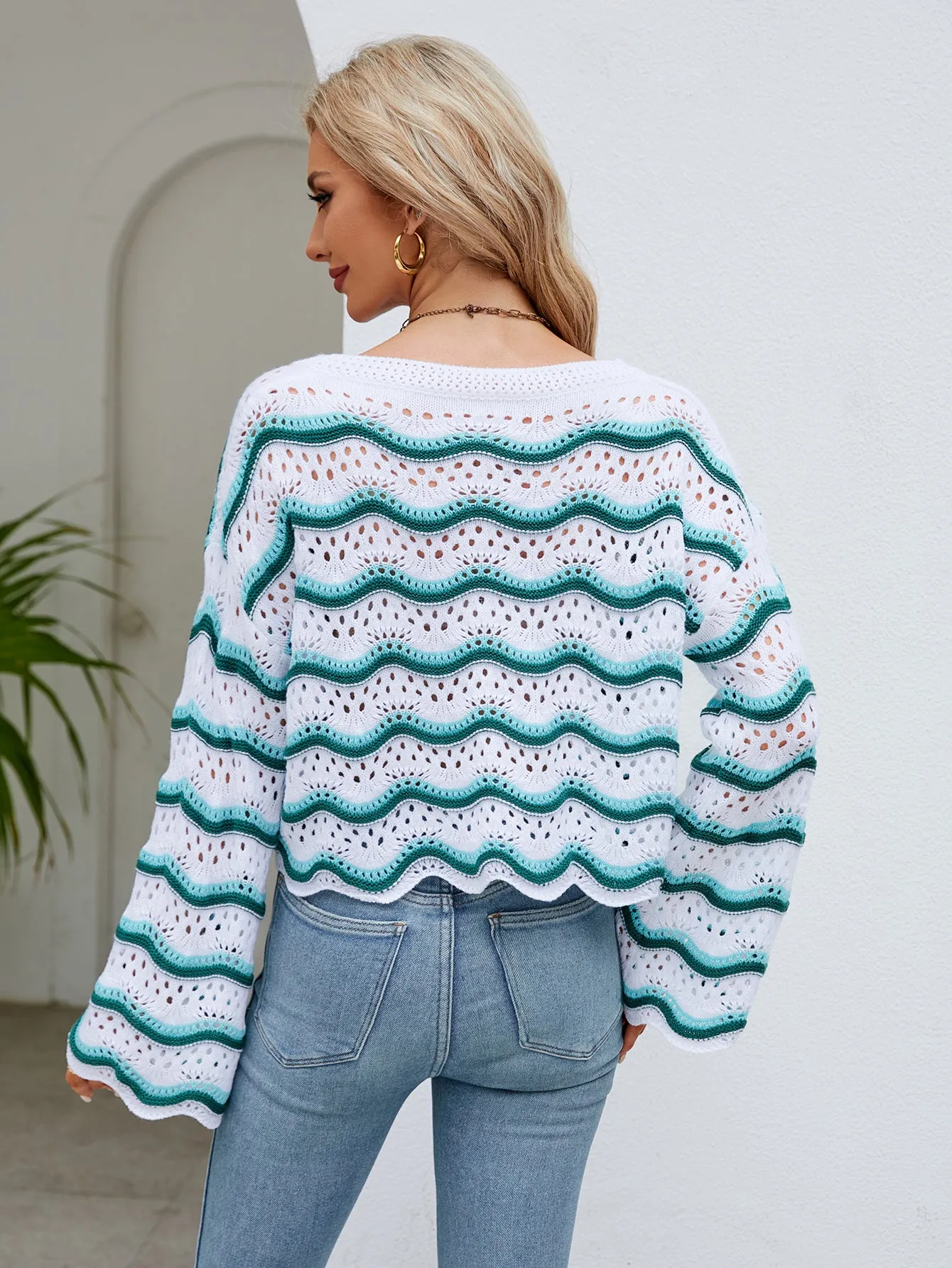 Long Sleeve Round Neck Knitted Striped Sweater