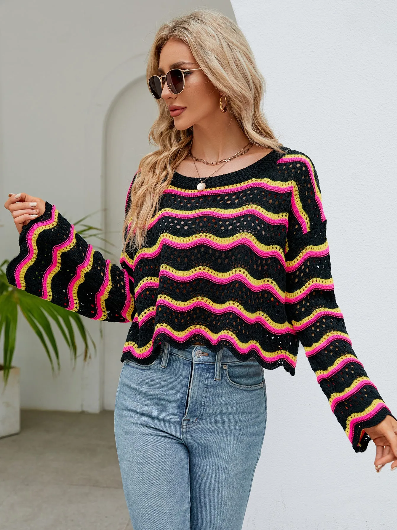 Long Sleeve Round Neck Knitted Striped Sweater