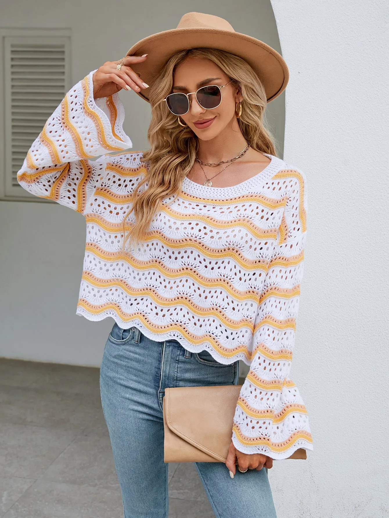 Long Sleeve Round Neck Knitted Striped Sweater