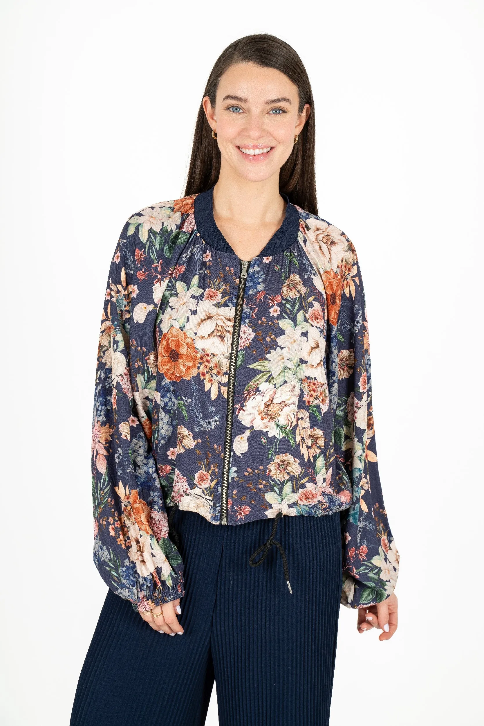 M Made in Italy – Printed Bomber Jacket With Gathered Collar Detailing – Medieval Blue Wild Blooms