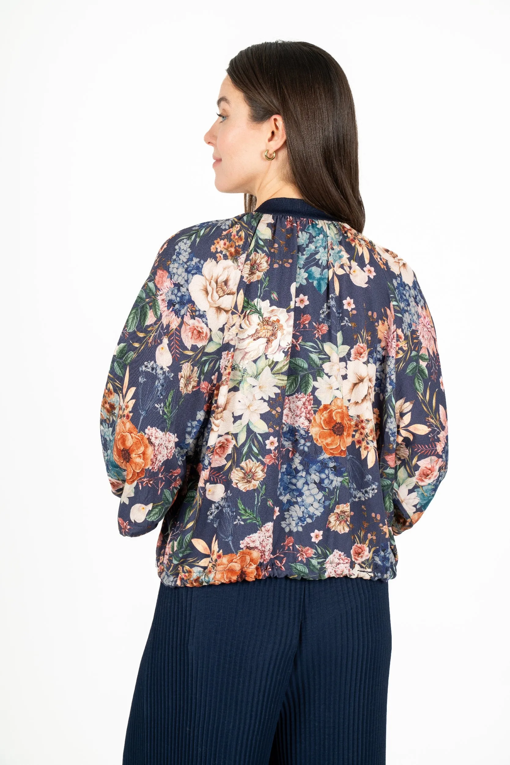 M Made in Italy – Printed Bomber Jacket With Gathered Collar Detailing – Medieval Blue Wild Blooms