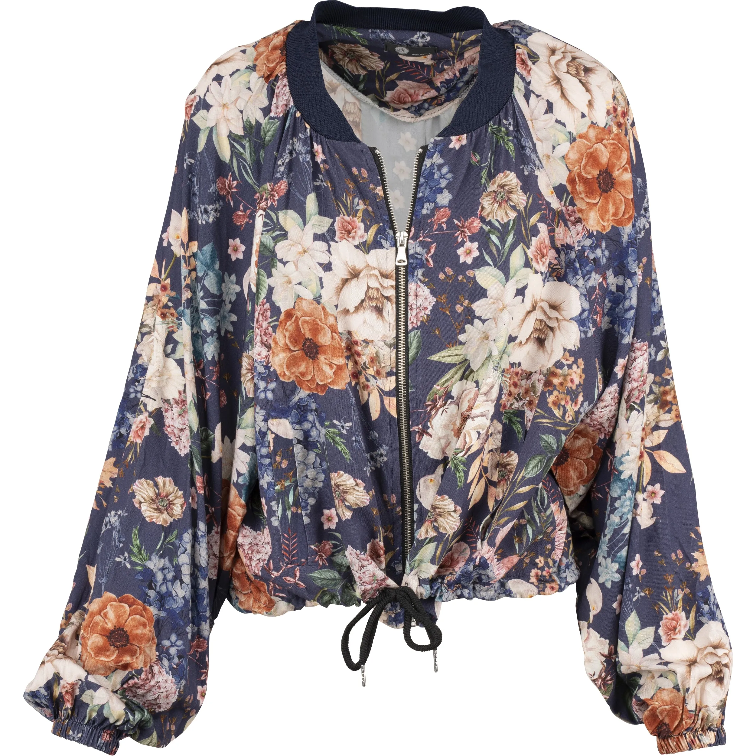 M Made in Italy – Printed Bomber Jacket With Gathered Collar Detailing – Medieval Blue Wild Blooms