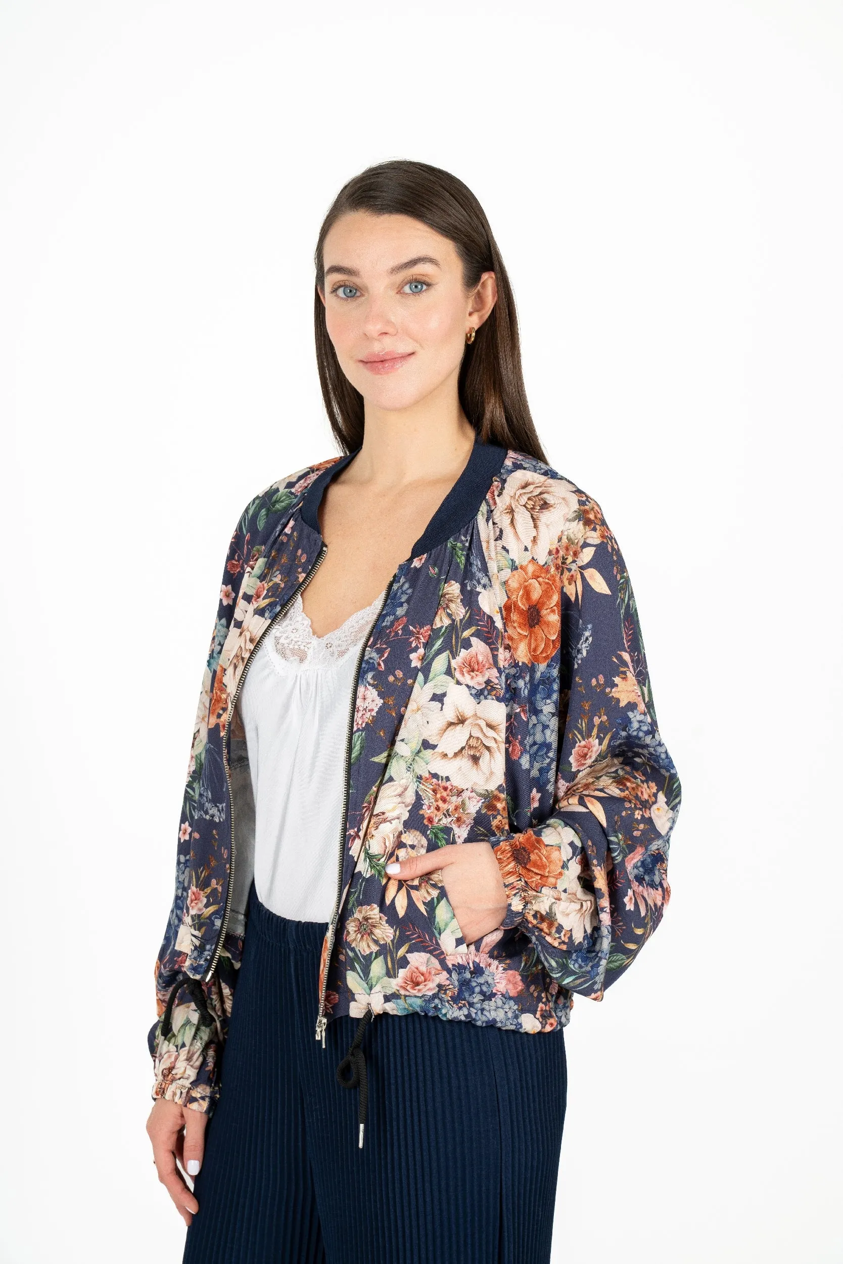 M Made in Italy – Printed Bomber Jacket With Gathered Collar Detailing – Medieval Blue Wild Blooms